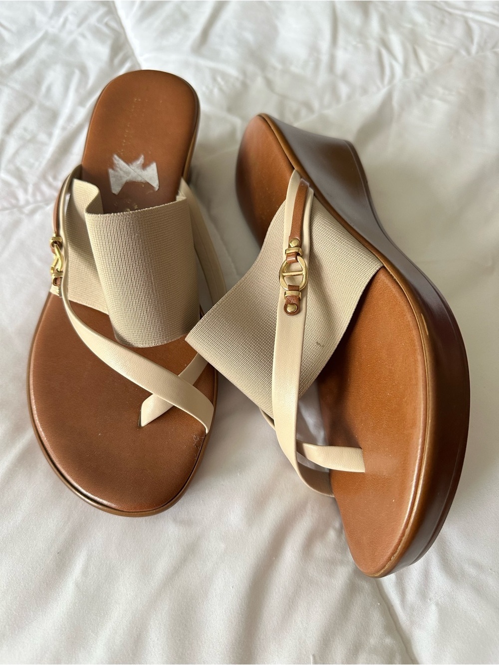 Neutral Beige & Brown Wedge Sandals with Stretch Strap